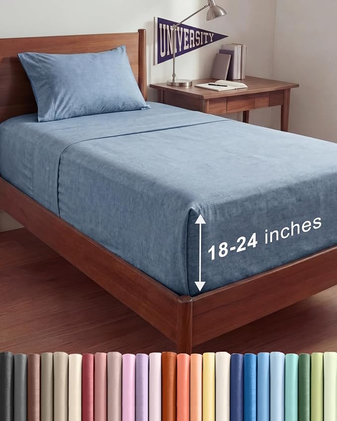 Extra Deep Twin XL Sheet Set - 3 Piece College Dorm Room - Heathered Blue | Soft, Breathable & Cooling, Easily Fits 18 to 24 inch Mattress, Wrinkle Free & Fade Resistant with Extra Deep Pockets