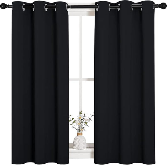 NICETOWN Halloween Bathroom Blackout Curtains and Drapes, Black Solid Thermal Insulated Grommet Blackout Drapery Panels for Window (2 Panels, 34 inches Wide by 45 inches Long, Black) | Halloween Solid Thermal Insulated Grommet Blackout Drapes Drapery P...
