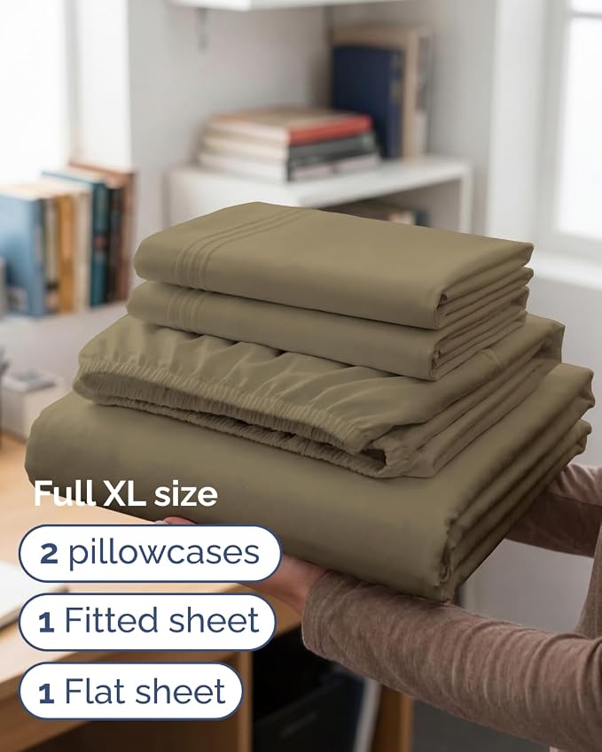 Full XL Sheets - 4 Piece Full XL Sheet Set - Breathable & Cooling - Khaki | Hotel Luxury Bedding for Women & Men with Deep Pockets, Ultra-Soft, Comfy, Easy-Fit, Wrinkle Free & Fade Resistant, Oeko-Tex