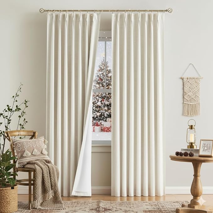 Vision Home Natural Pinch Pleated Full Blackout Curtains Linen Blended Room Darkening Window Curtains 112 inch for Living Room Bedroom Thermal Insulated Pinch Pleat Drapes with Hooks 40" Wx112 Lx2
