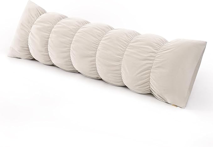 Pat. Pend. Segmented Body Pillow for Adults, 59 Inch, Misty White | Full body long bed pillow for side sleepers with a removable, washable soft velvet cover; designed for comfortable sleeping.