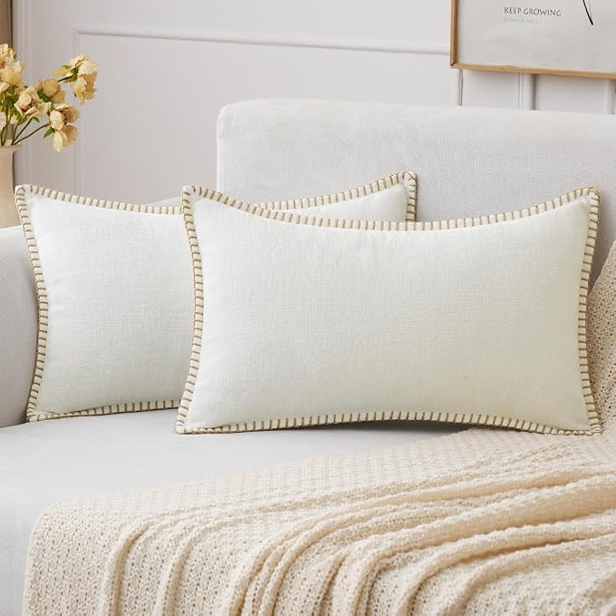 MIULEE Decorative Lumbar Throw Pillow Covers 12x20 Inch Pure White 2 Pack | Farmhouse Pillow Covers with Stitched Edge, Soft Chenille Cushion Cases, for Couch Sofa Bed Living Room Home Decor