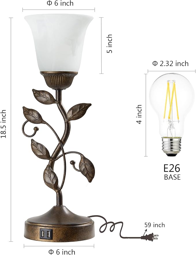 Set of 2 Touch Farmhouse Bedroom Table Lamps 2 USB C+A | Nightstand Vintage Flower Lamps, 3 Way Dimmable Leaf Lamp for Living Room with White Glass Shades, Bulbs Included