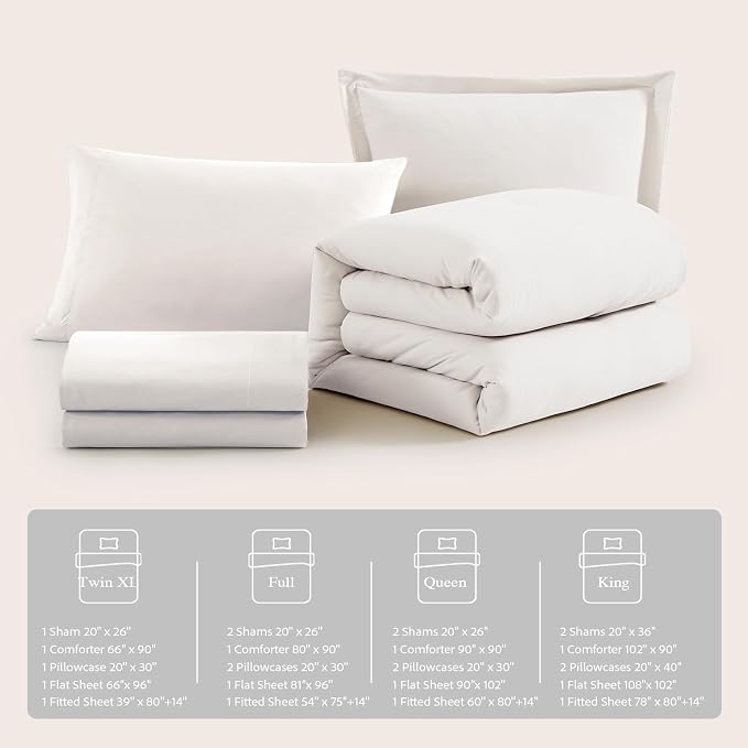 Twin XL Comforter Set- 5 Pieces Prewashed Bed in a Bag Twin Bedding Sets | Soft All Season Comforter with Sheets, Pillow Sham & Pillowcase, White