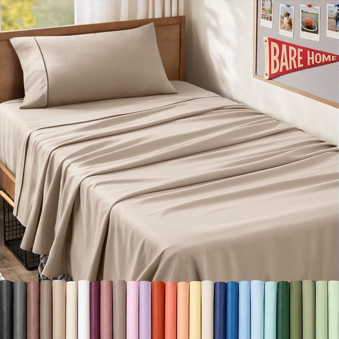 Bare Home Twin XL Sheet Set - 1800 Ultra-Soft (Twin XL, Pebble) | Deep Pockets 6 to 15 Inches, Breathable, Hypoallergenic, Hotel Luxury, Easy Fit, Soft, All-Season