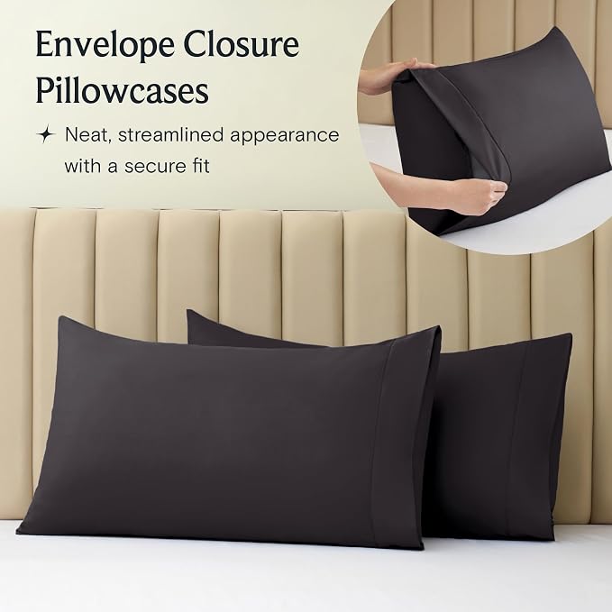 LuxClub King Size Sheets Set, Deep Pocket King Sheets Bed Sheets 4PC, Cooling Sheets King Size Breathable, Soft Hotel Luxury Bedding Wrinkle Free, Silky Fitted Sheet & Pillowcase Sets, Black | LuxClub Silky Fitted Sheet & Pillowcase Sets, Breathable Ho...