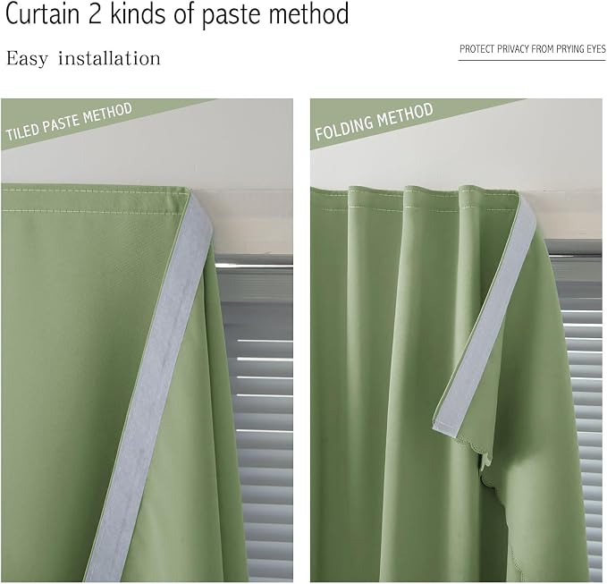 Magic Tape Blackout Curtains for Bedroom No Drillng Self Adhesive Curtains No Rod Small Window, 59" W X 71" L, Sage Green, 1 Panel