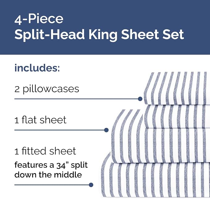 Flex Top Split Head King 4 Piece Sheet Set - Soft & Cooling - Blue Stripes | Cooling Bed Sheets Set, Hotel Luxury Bedding for Women & Men with Deep Pockets, Wrinkle Free & Fade Resistant, Oeko-Tex