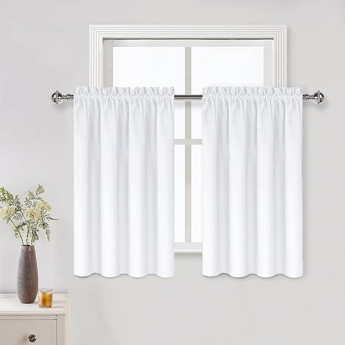 DWCN White Short Curtains 36 inches Long for Kitchen RV Bunk 2 Panels | Kitchen Curtains Over Sink, Thermal Insulated, Light Blocking, Rod Pocket Drapes for Small Window, Pure White