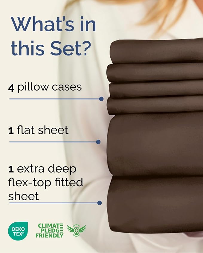 CGK Unlimited Extra Deep Flex Top Split Head King Sheet Set - 6 Piece Breathable and Cooling Sheets - Hotel Luxury Bedding for Women, Men, Kids & Teens - Easy Secure Fit - Extra Deep Pockets - Brown
