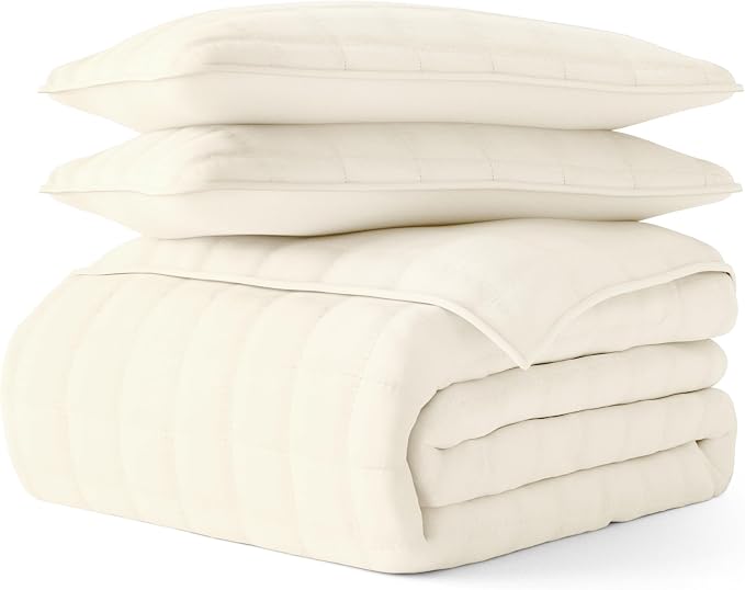 Merit Linens Classic Quilt Coverlet Soft Set in Square Stitching - Full/Queen Ivory