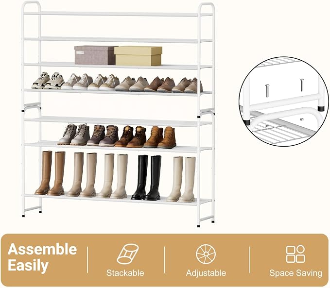 KEETDY 4-Tier Long Shoe Rack for Closet Floor, Wide Shoe Organizer Storage, Stackable Shoe Rack for Entryway Metal Shoe Shelf for 30 Pairs Men Sneakers with Wire Grid for Bedroom, White