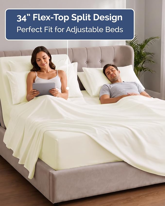 Extra Deep Flex Top Split Head King Sheet Set - 6 Piece Breathable and Cooling Sheets - Hotel Luxury Bedding for Women, Men, Kids & Teens - Easy Secure Fit - Extra Deep Pockets - Off White