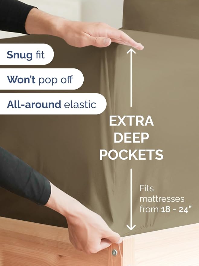 Extra Deep Cal King Sheet Set - 4 Piece Breathable & Cooling Sheets - Khaki | Easily Fits 18 to 24 inch Mattress, Ultra Soft, Wrinkle & Fade Free with Extra Deep Pockets, Comfy Hotel Luxury Bedding