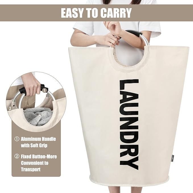 DOKEHOM 125L X-Large Laundry Basket Bag, Collapsible Tall Hamper, Beige | Freestanding tall washing bin & foldable laundry bag. Extra large clothes storage basket with durable sturdy handles