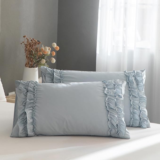 Bedrom Ruffled Queen Duvet Cover Set Blue Grey Bedding Set Shabby Chic Light Gray Boho Bedding Super Soft Lightweight Farmhouse Ruffle Duvet Cover Set for All Season