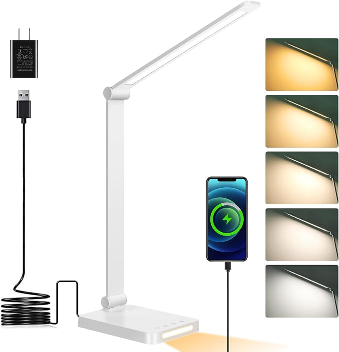 LED Desk Lamp with USB Ports,Touch Desk Lamps for Home Office with 5 Modes | 3 Brightness Desk Light with Small Night Light,Reading Lamp Table Lamp for Bedroom Bedside Study White （with adapter）
