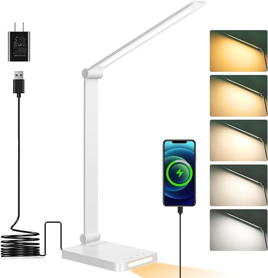 LED Desk Lamp with USB Ports,Touch Desk Lamps for Home Office with 5 Modes | 3 Brightness Desk Light with Small Night Light,Reading Lamp Table Lamp for Bedroom Bedside Study White （with adapter）