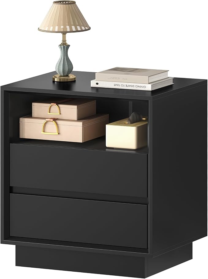 TEENFON Night Stand with 2 Drawers and Open Shelf, Nightstand Bedside Table with Cut-Out Handle, End Table for Bedroom, Black, 17.7″ L × 15.7″ W × 23.6″ H