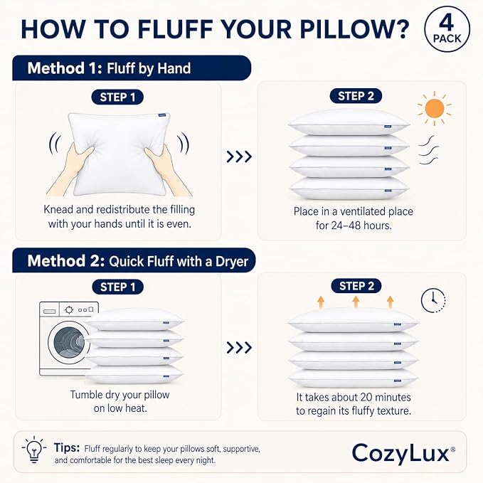 CozyLux Bed Pillows King Size Set of 4, 19" x 34", Medium Support | Soft Supportive Down-Alternative Pillows for Side, Back & Stomach Sleepers, OEKO-TEX Certified, Hotel Quality, Washable