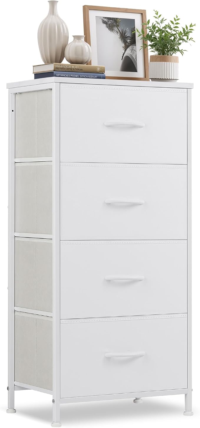 4 Drawers Dresser for Bedroom Fabric Storage Tower with Wooden Top | Steel Frame Tall Chest of Drawers for Closet, Entryway, Dorm, White