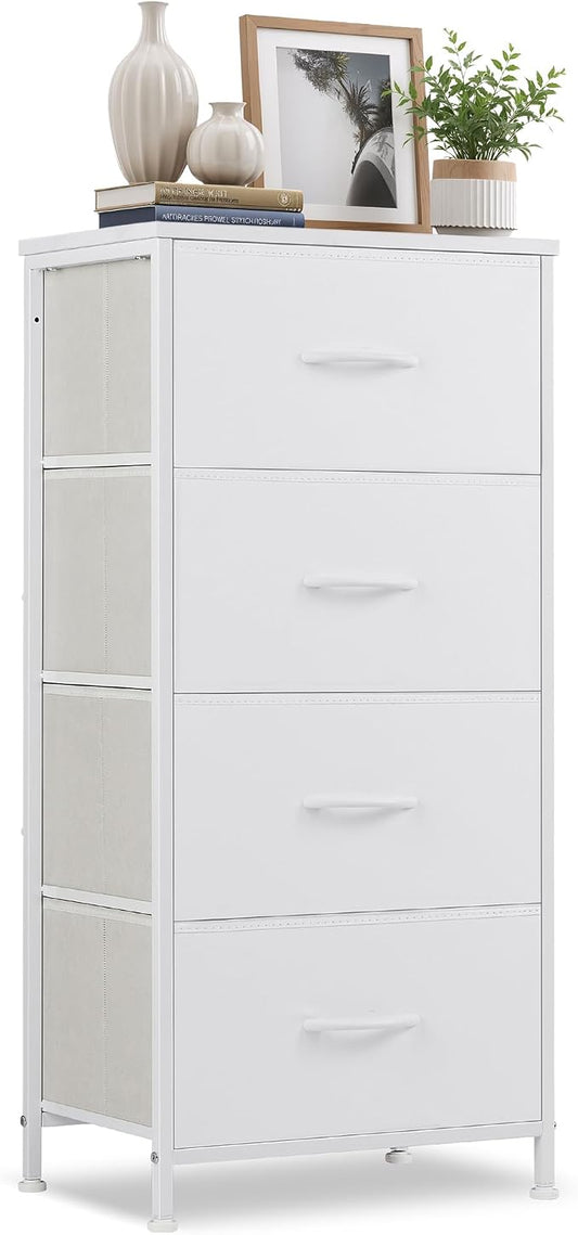 4 Drawers Dresser for Bedroom Fabric Storage Tower with Wooden Top | Steel Frame Tall Chest of Drawers for Closet, Entryway, Dorm, White