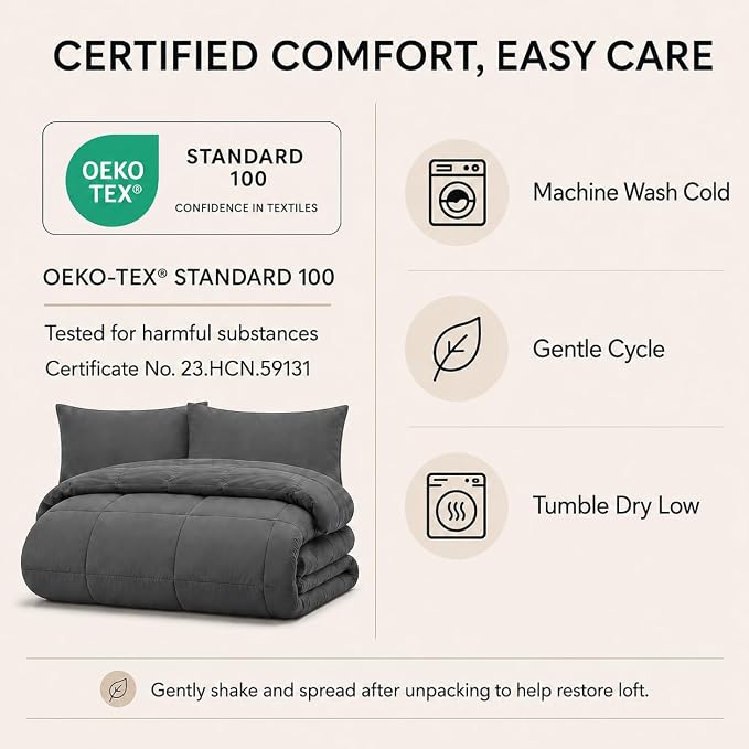 Super King Comforter Set Dark Grey - 7 Pieces Bed in a Bag | OEKO-TEX Certified, All-Season, Bedroom, Guest Room, Down-Alternative Comforter + Flat & Fitted Sheets + 4 Pillowcases