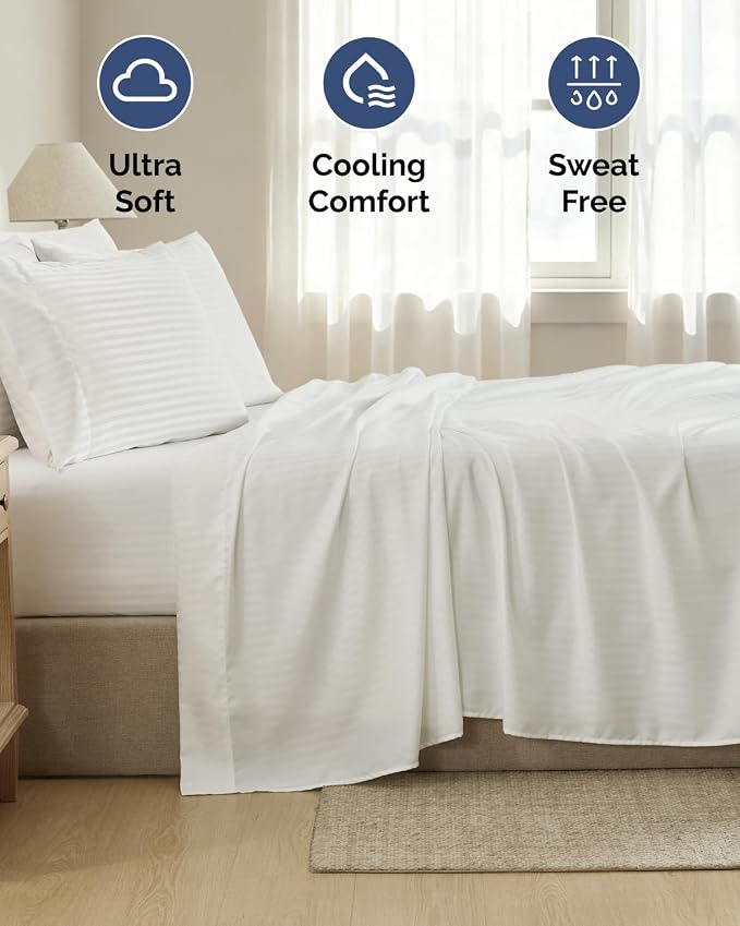 Cal King 6 Piece Bed Sheet Set - Soft, Breathable & Cooling - Striped White | Ultra-Soft Hotel Luxury Bedding Set with 8-16 Inch Deep Pockets, 1 Flat & 1 Fitted Sheet & 4 Pillowcases, Wrinkle & Fade Free