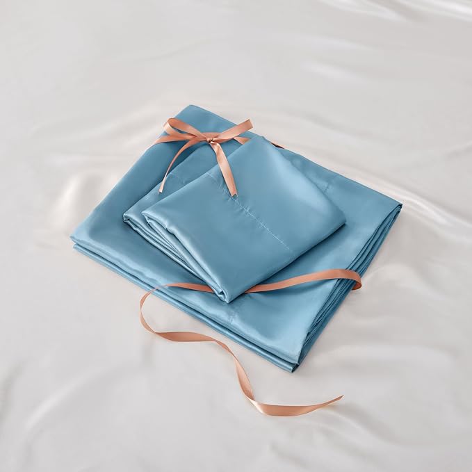 BEDELITE Satin Sheets Twin Size Bed Set, Airy Blue, 3 Pieces | Luxury Silky Bed Sheets, 15 Inch Deep Pocket, Similar to Silk, Soft and Cooling, Reduces Friction, Gentle on Hair and Skin
