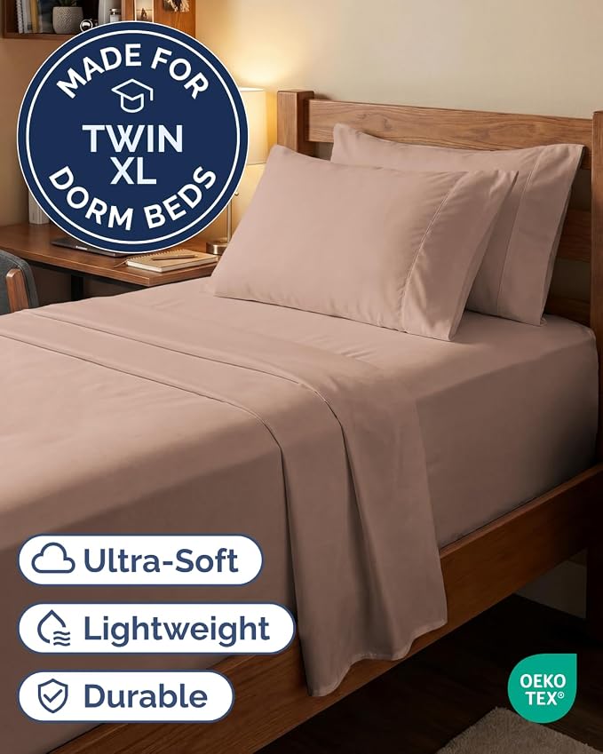 Extra Deep Twin XL Sheet Set - 4 Piece College Dorm Room - Mauve | College Dorm Room Essentials, Easy & Secure Fit, Ultra-Soft, Wrinkle & Fade Free, Comfy Sheets Set with Extra Deep Pockets