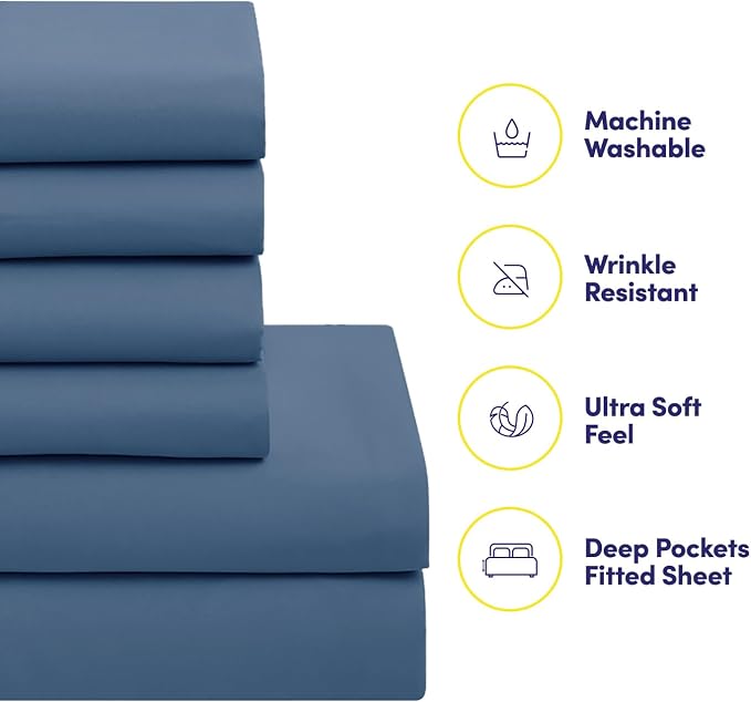 Sweet Home Collection 5 Piece Comforter Set Bag Solid Color All Season Soft Down Alternative Blanket & Luxurious Microfiber Bed Sheets, Denim, Twin