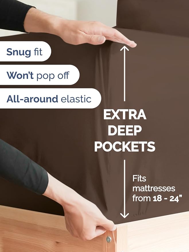Extra Deep Queen Sheet Set - 6 Piece Breathable and Cooling Sheets - Brown | Hotel Luxury Bed Sheets Set, Easy & Secure Fit, Ultra-Soft, Wrinkle & Fade Free, Comfy Sheets Set with Extra Deep Pockets