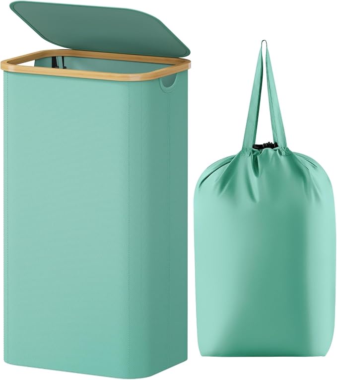 Lifewit 100L Laundry Basket with Lid, Clothes Hampers for Laundry with Bamboo Handles and 1 Removable Bag, Large Foldable Laundry Hamper for Bedroom, Bathroom, Dorm, Laundry Room, Sage Green