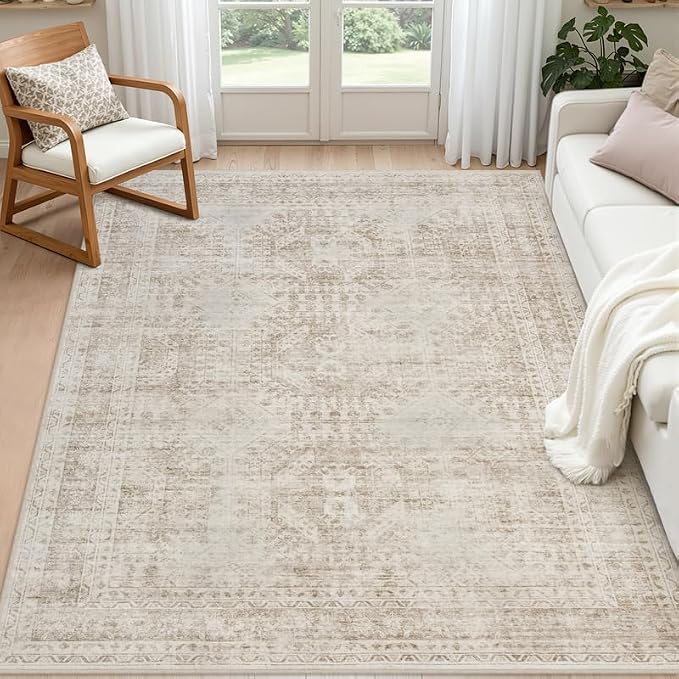 4x6 Area Rugs Living Room: Bedroom Neutral Washable Carpet Brown | Vintage Boho Soft Small Indoor Decor Floor Non-Slip Low Pile Neutral Farmhouse Entryway Laundry Bathroom Bedroom Beside Rugs