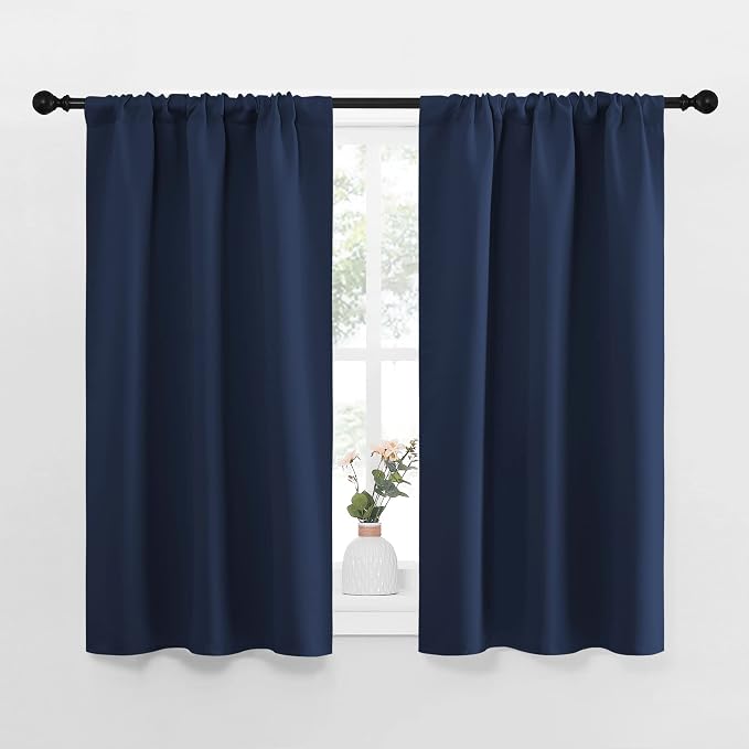 NICETOWN Kitchen Curtains, Short Blackout Curtains & Drapes, Thermal Insulated Rod Pocket Window Treatment Draperies for Nursery (Navy, 34" x 40", Set of 2)