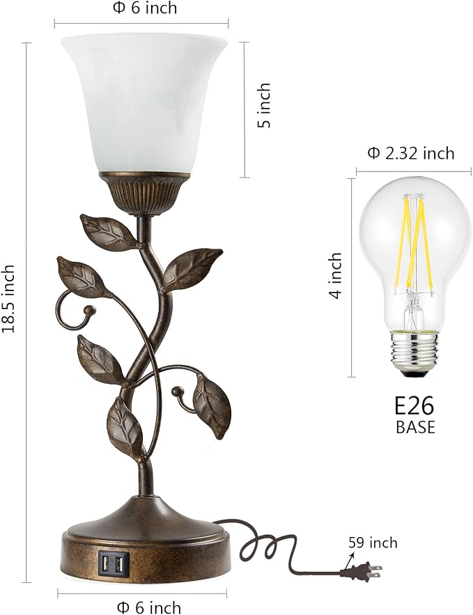 Touch Bedside Table Lamp for Living Room with 2 USB C+A Ports | 3 Way Dimmable Leaf Lamp Retro Vintage Nightstand Table Lamp for Bedroom with White Glass shade, LED Bulb Included