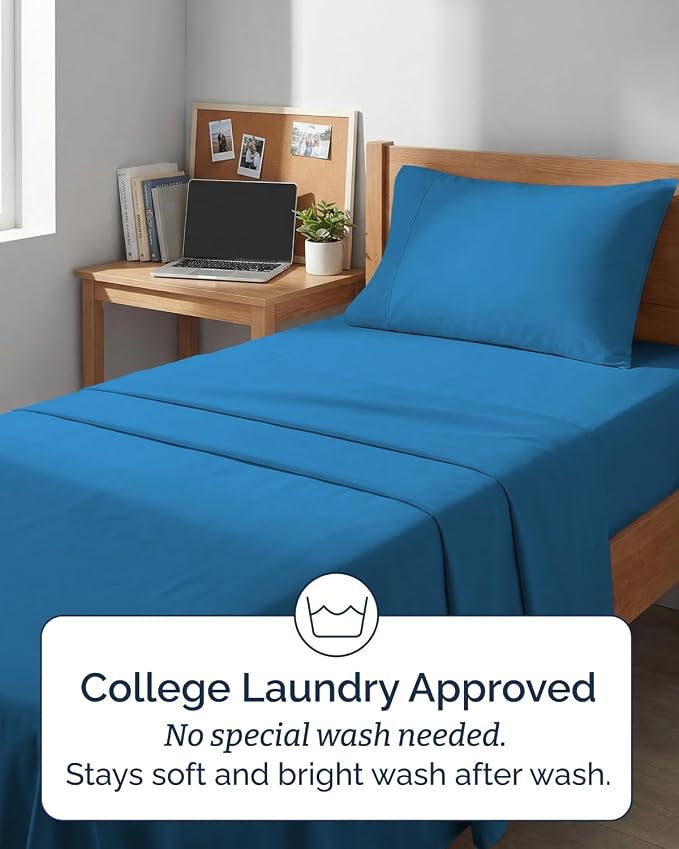 Extra Deep Twin XL Sheet Set - 3 Piece College Dorm Room - Denim Blue | Soft, Breathable & Cooling, Easily Fits 18 to 24 inch Mattress, Wrinkle Free & Fade Resistant with Extra Deep Pockets