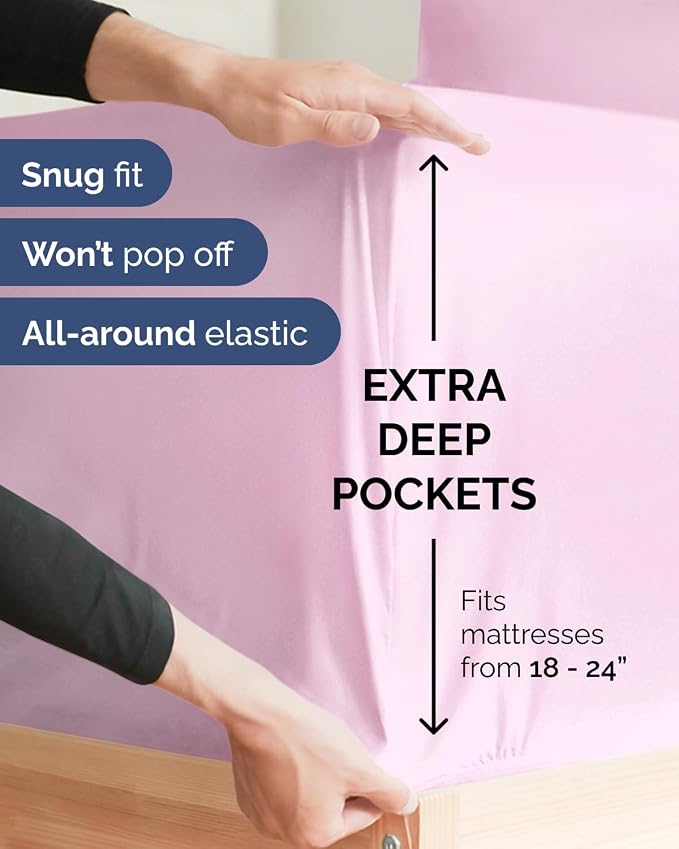 Flex Top Split Head King Sheet Set - 4 Piece Extra Deep Sheets - Light Pink | Easily Fits 18 to 24 inch Mattress, Ultra Soft, Wrinkle & Fade Free with Extra Deep Pockets, Comfy Hotel Luxury Bedding