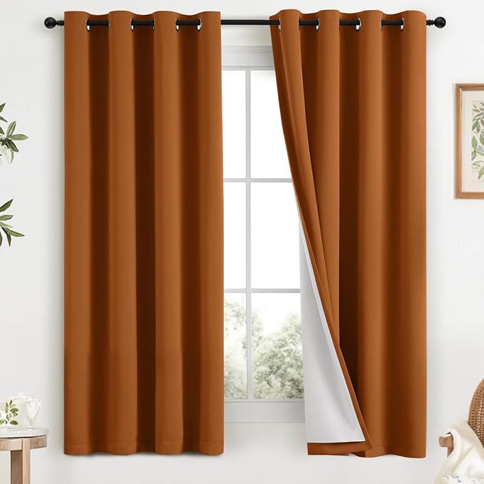 COSVIYA Grommet Brunt Orange 100% Blackout Curtains 63 inch for Bedroom | 2 Thick Layers Full Room Darkening Thermal Insulated Curtain,Grommet Window Drapes for Living Room, 52x63 Inch, 2 Panels
