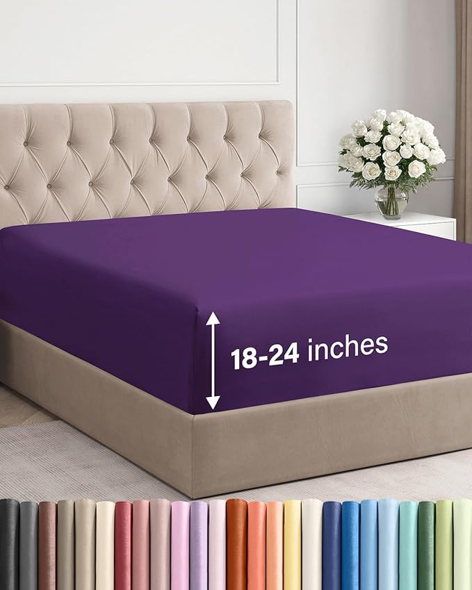 Extra Deep Cal King Fitted Sheet - Single Fitted Sheet Only - Purple | Easily Fits 18 inch to 24 inch Mattress, Soft, Wrinkle Free, Breathable & Comfy, Extra Deep Pockets Hotel Luxury Fitted Sheet