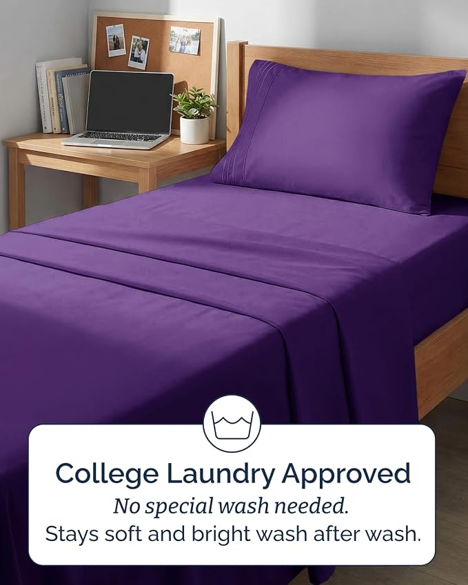 Twin XL 3 Piece Sheet Set - College Dorm Room Essentials - Purple | Deep Pocket Bed Sheets for Women, Men, Teens & Students, Soft, Cooling, Breathable & Wrinkle Free, Oeko-Tex Bed Sheet Set
