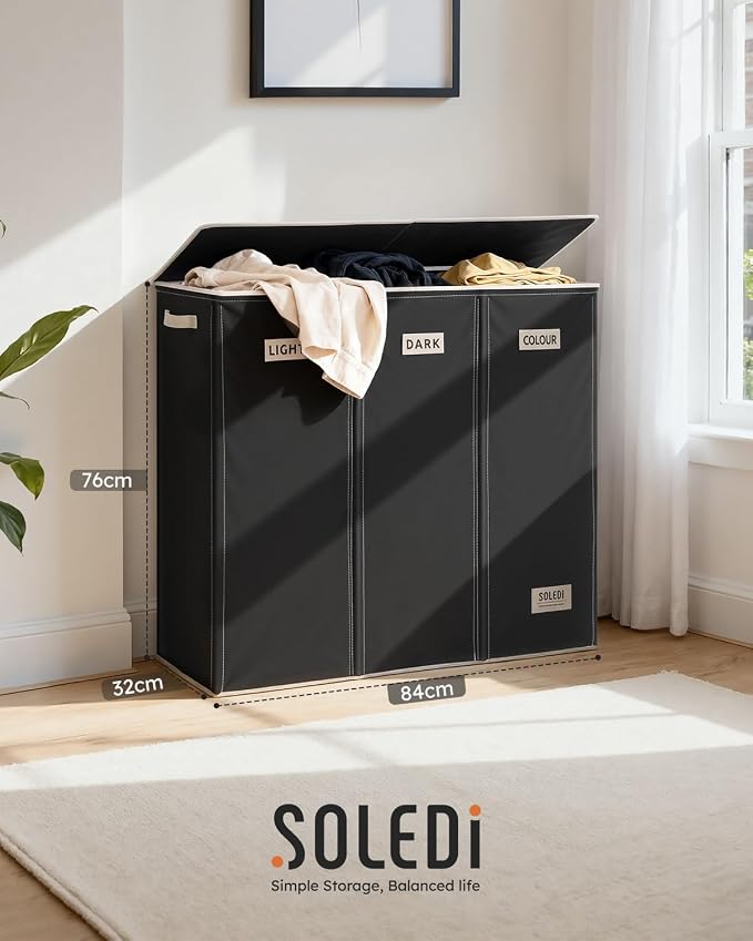 SOLEDI 200L 3-Section Laundry Hamper with Lid, Extra Large Dirty Clothes Basket with Sturdy Handles for Laundry Room & Bedroom - Durable Organizer for Sorting Laundry