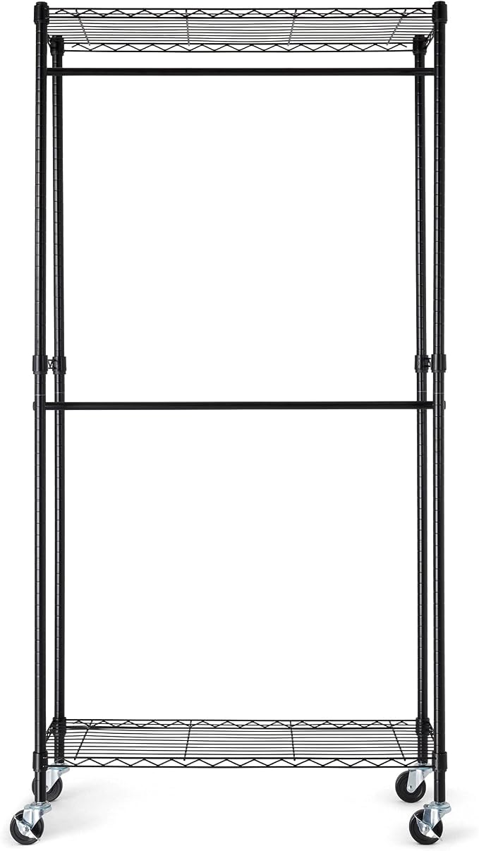 Amazon Basics Adjustable Double Rod Rolling Garment Rack, Hanging Clothes Closet Organizer with Wheels, Heavy Duty, 36" x 14" x 72", Black