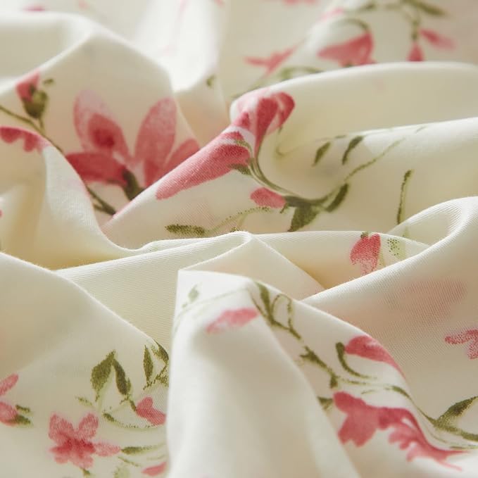 mixinni Boho Red Floral Girl Duvet Cover Set, Soft Cotton King Size 3-Piece Aesthetic Floral Bedding Set, 1 Chic Flower Leaf Pattern Duvet Cover and 2 Pillowcases for All Seasons-King Size
