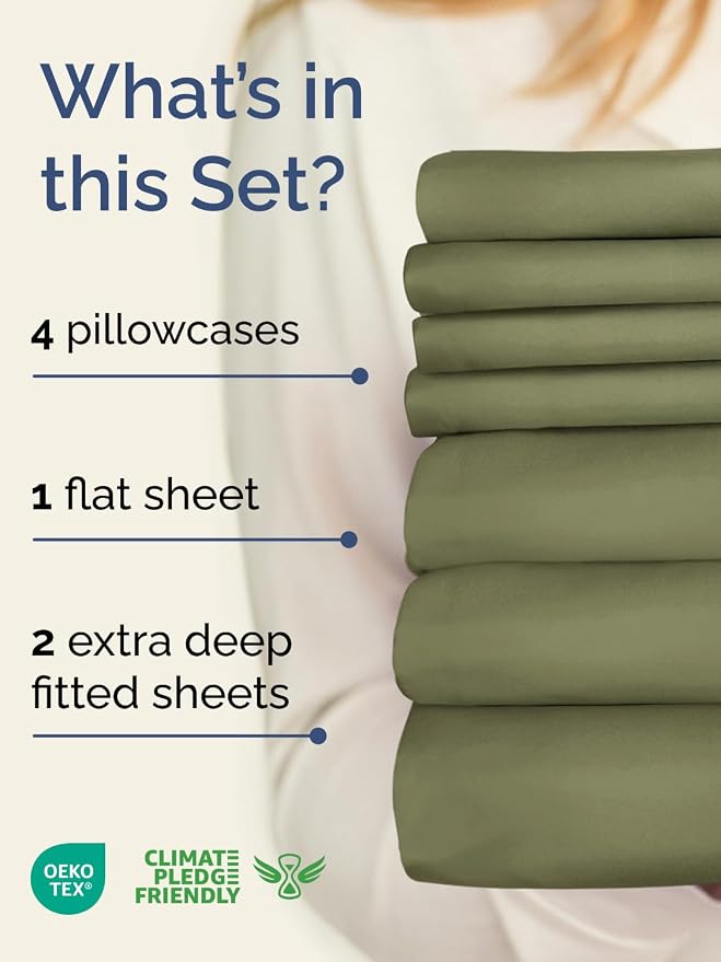 Extra Deep Split King Sheet Set - 7 Piece Breathable & Cooling - Sage Green | Hotel Luxury Bed Sheets Set, Easy & Secure Fit, Ultra-Soft, Wrinkle & Fade Free, Comfy Sheets Set with Extra Deep Pockets