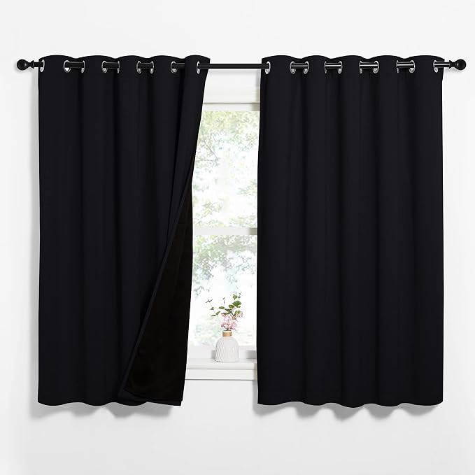 NICETOWN Black Blackout Curtains for Kids Room 62" Wide x 63" Long 2 Panels | 100% Light Blocking Thermal Insulated Energy Efficiency Window Draperies with Black Liner, Noise Reducing Short Curtains