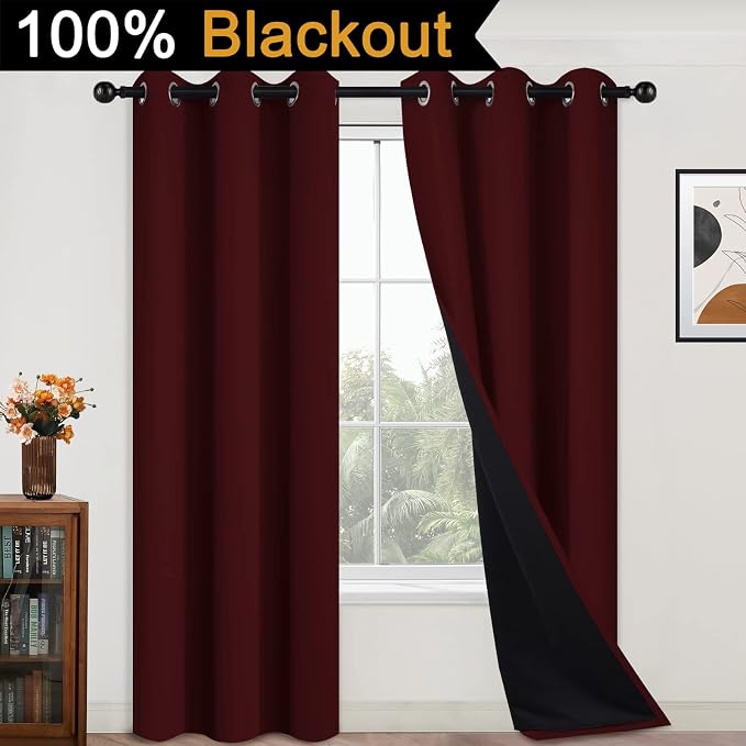 Yakamok Burgundy Red Blackout Curtains 84 Inches Long for Bedroom 42" Wide | Blackout Curtain Panels for Bedroom, 2 Thick Layers Grommet Top Thermal Insulated Drapes with Black Liner for Living Room