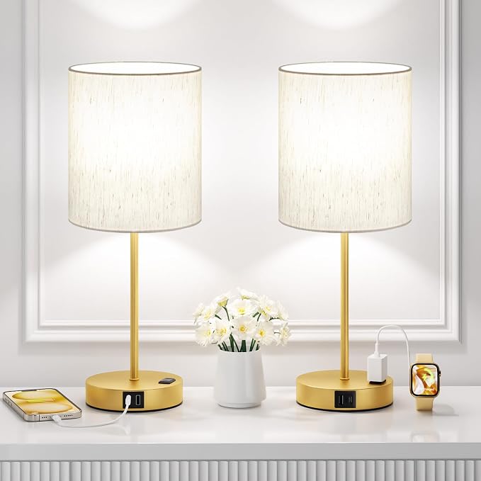 17.6" Gold Touch Lamps for Bedroom Set of 2 - Dimmable, USB C+A, AC Outlet | Large 17.6" Tall Lamp, 3-Way Dimming, 5000K Daylight Bulbs, Cream Lampshade Gold Base, for Living Room, Boys, Men, Girls