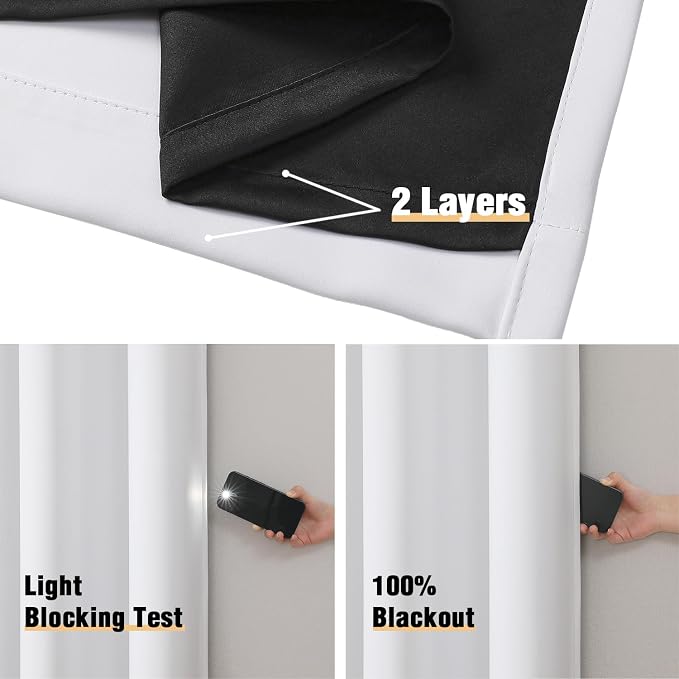 ChrisDowa White 100% Blackout Curtains for Bedroom 45 Inches Long 2 Panels | 2 Thick Layers, Thermal Insulated, Grommet, Window Treatment, Living Room Drapes with Black Liner, Pure White, 52 x 45 Inch