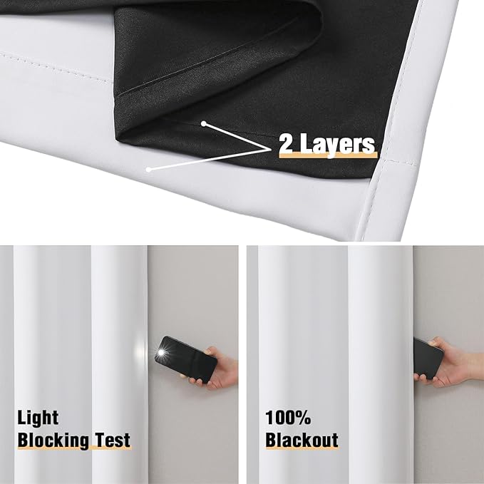 ChrisDowa White 100% Blackout Curtains for Bedroom 84 Inches Long 2 Panels | 2 Thick Layers, Thermal Insulated, Grommet, Window Treatment, Living Room Drapes with Black Liner, Pure White, 42 x 84 Inch